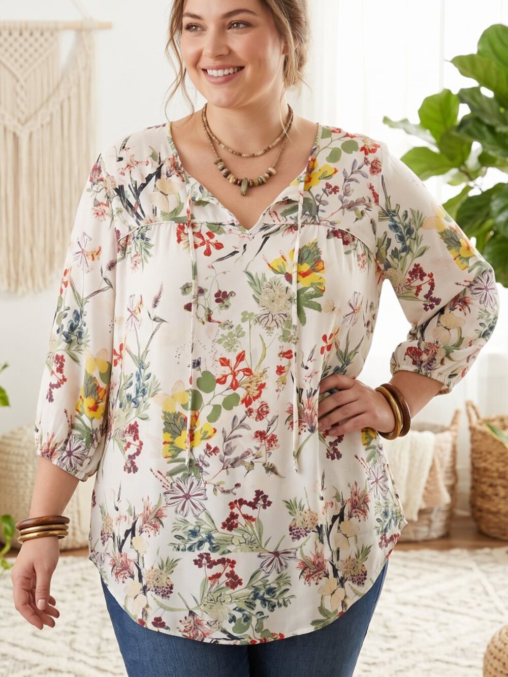 Spense Floral Peasant Top White Tie Neck Flowy Boho Coastal Cottage Size 1X